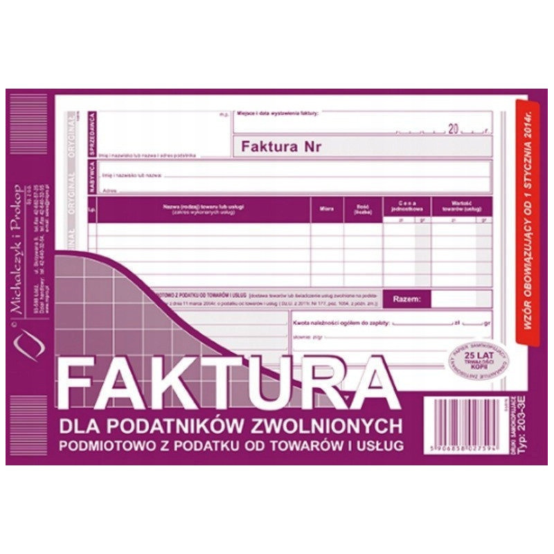 203-3E Faktura dla podatników zwolnionych z VAT A5 (o+1k) MICHALCZYK
