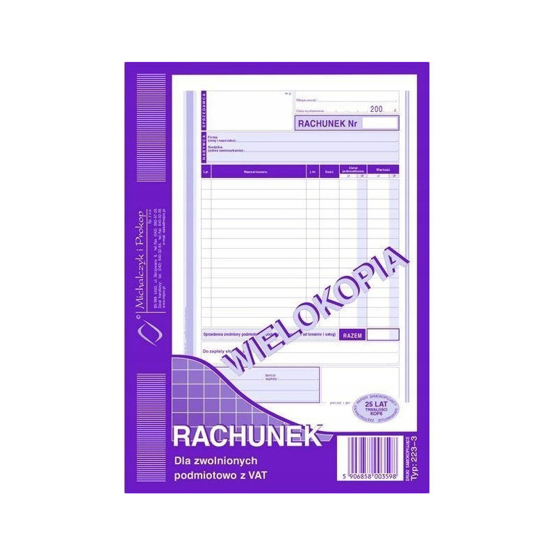 223-3 Rachunek A5 dla zw.z VAT (pion) wielokopia MICHALCZYK i PROKOP