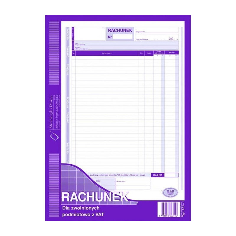 231-1 Rachunek A4 dla zw.z VAT MICHALCZYK I PROKOP