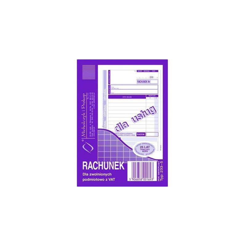 233-5 Rachunek A6 dla zwolnionych podmiotowo z VAT(usługa) Michalczyk i Prokop