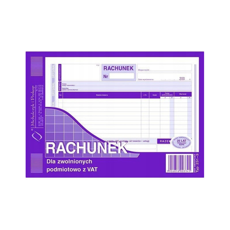 231-3 Rachunek A5 dla zw.z VAT (poziom)MICHALCZYK i PROKOP