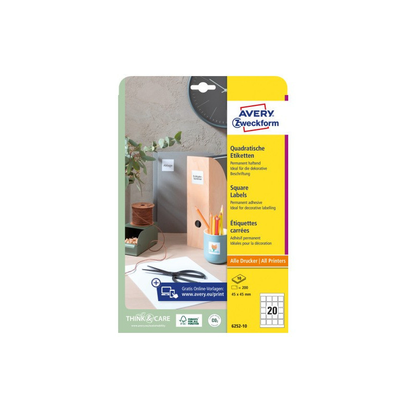 Etykiety kwadratowe 45x45mm (10 arkuszy||200 etykiet) 6252-10 AVERY ZWECKFORM