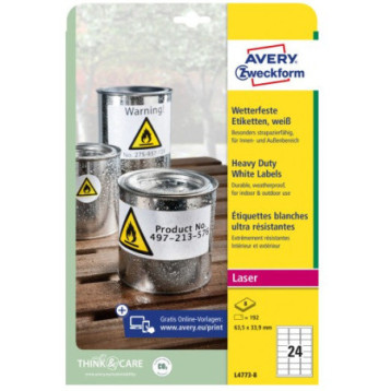 Etykiety foliowe białe HEAVY DUTY 63,5 33,9mm (8 arkuszy|| 192 etykiety) L4773-8 AVERY ZWECKFORM