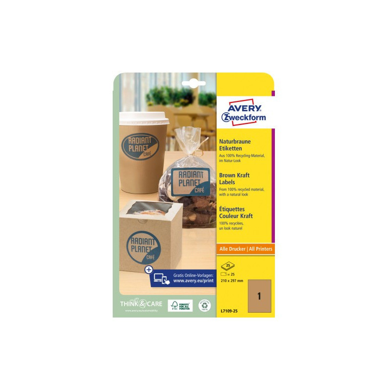Etykiety ekologiczne brązowe 210x297mm (25 arkuszy||25 etykiet) L7109-25 AVERY ZWECKFORM