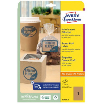 Etykiety ekologiczne brązowe 210x297mm (25 arkuszy||25 etykiet) L7109-25 AVERY ZWECKFORM