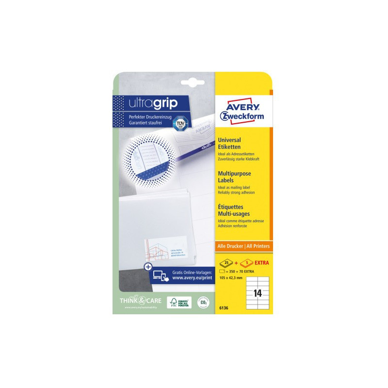 Etykiety białe ULTRAGRIP 105x42,3mm (25 arkuszy||350 etykiet) 6136 AVERY ZWECKFORM