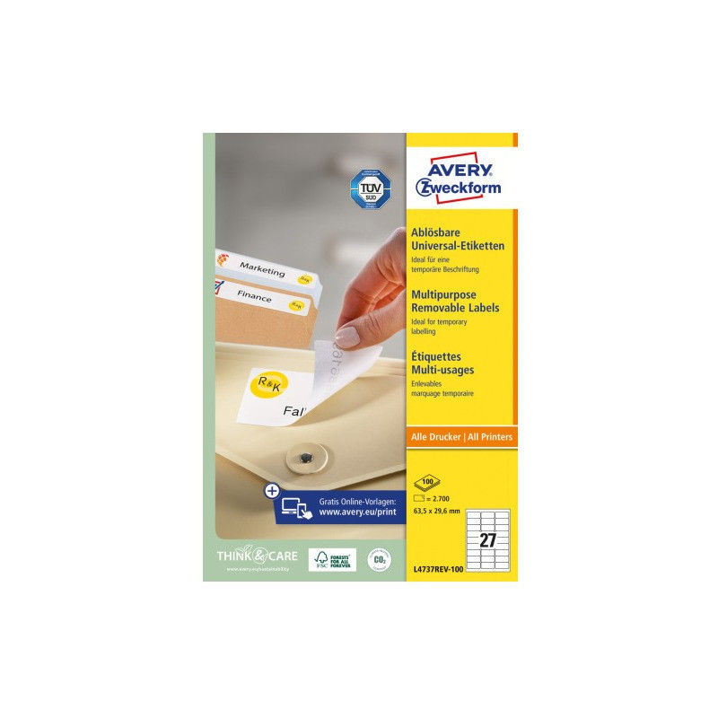 Etykiety białe usuwalne 63,5x29,6mm (100 arkuszy || 2700 etykiet) L4737REV-100 AVERY ZWECKFORM