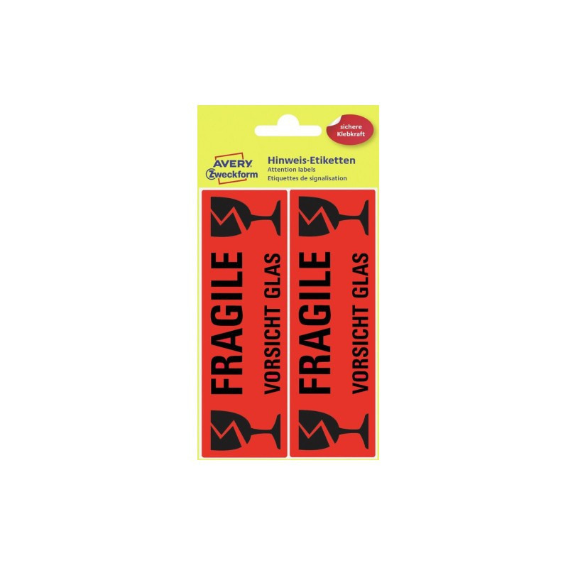 Etykieta ostrzegawcza OSTROŻNIE SZKŁO 119x38mm (5 arkuszy || 10 etykiet) 3050 AVERY ZWECKFORM