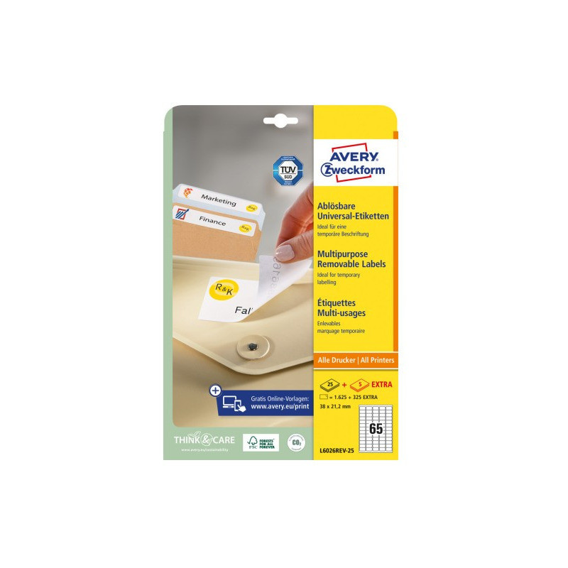 Etykiety białe 38,1x21,2mm (25 arkuszy || 1625 etykiet) usuwalne L6026REV-25 AVERY ZWECKFORM