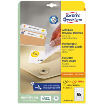 Etykiety białe 38,1x21,2mm (25 arkuszy || 1625 etykiet) usuwalne L6026REV-25 AVERY ZWECKFORM