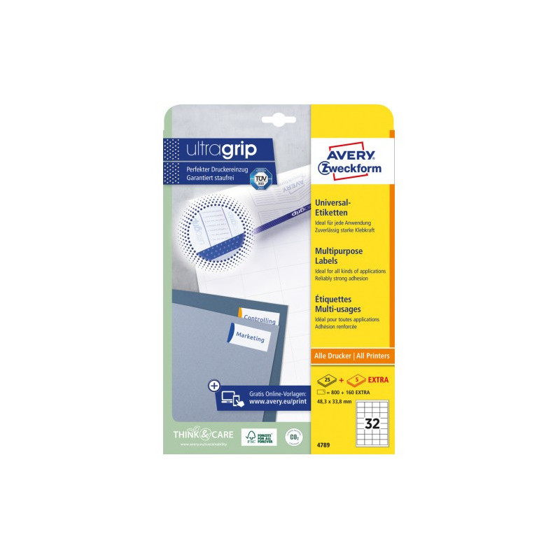 Etykiety białe ULTRAGRIP 48,3x33,8mm (25 arkuszy || 800 etykiet) 4789 AVERY ZWECKFORM