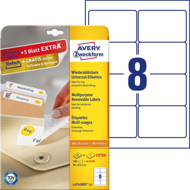 Etykiety A4 białe (25 arkuszy) 96 63,5mm L4745REV-25 AVERY ZWECKFORM