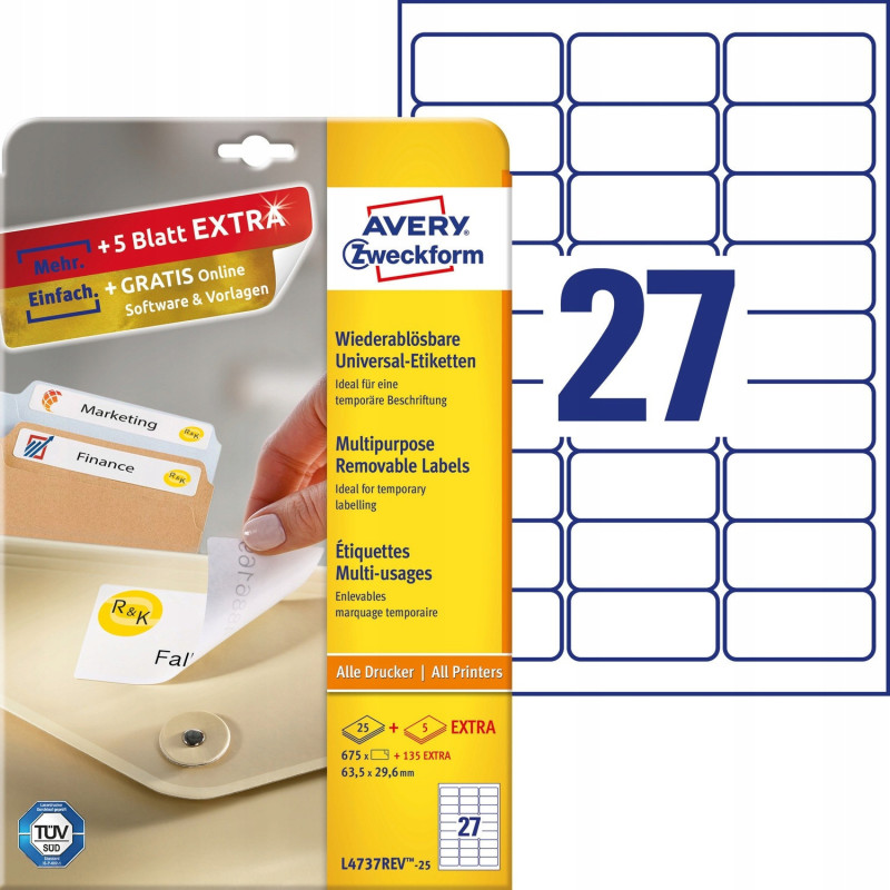 Etykiety A4 białe (25 arkuszy) 63,5 29,6mm L4737REV-25 AVERY ZWECKFORM