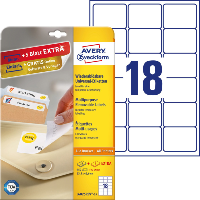 Etykiety białe 63,5x46,6mm (25 arkuszy || 540 etykiet) usuwalne L6025REV-25 AVERY ZWECKFORM