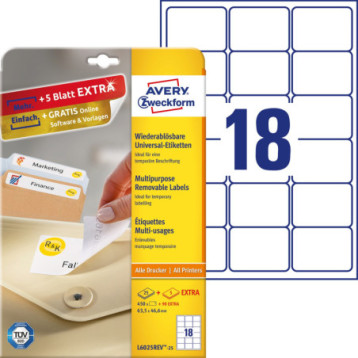 Etykiety białe 63,5x46,6mm (25 arkuszy || 540 etykiet) usuwalne L6025REV-25 AVERY ZWECKFORM