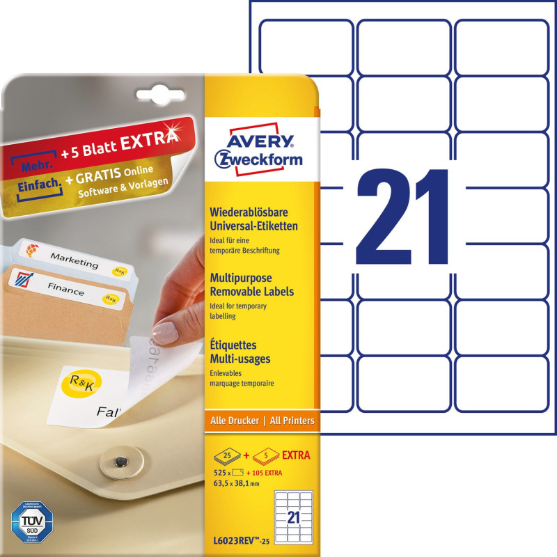 Etykieta biała 63,5x38,1mm (25arkuszy || 630 etykiet) usuwalna L6023REV-25 AVERY ZWECKFORM