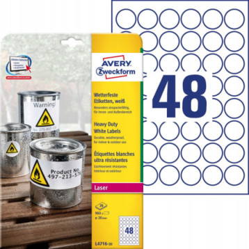 Etykiety Heavy Duty białe średnica Q30mm L4716-20szt AVERY ZWECKFORM Etykiety Heavy Duty białe średnica Q30mm L4716-20szt AVERY ZWECKFORM