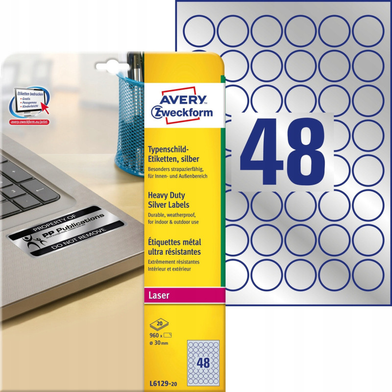 Etykiety znamionowe srebrne średnica Q 30mm L6129-20szt AVERY ZWECKFORM Etykiety znamionowe srebrne średnica Q 30mm L6129-20szt AVERY ZWECKFORM