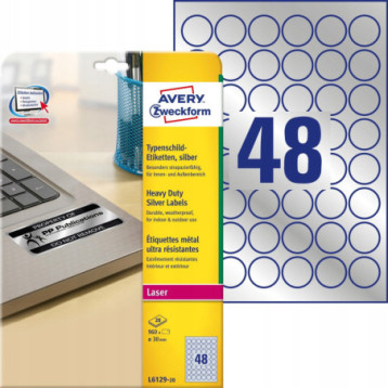 Etykiety znamionowe srebrne średnica Q 30mm L6129-20szt AVERY ZWECKFORM Etykiety znamionowe srebrne średnica Q 30mm L6129-20szt AVERY ZWECKFORM