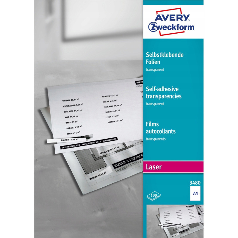 Folie samoprzylepne A4 0.13mm (100 ark) przezroczyste LASER 3480 AVERY ZWECKFORM Folie samoprzylepne A4 0.13mm (100 ark) przezroczyste LASER 3480 AVERY ZWECKFORM
