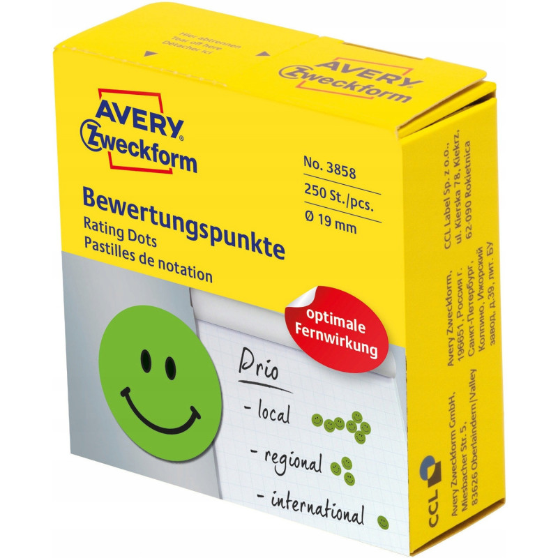 Kółka Uśmiechnięta buźka trwałe 19mm zielone 3858 AVERY ZWECKFORM