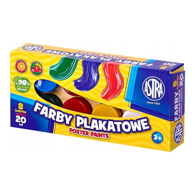 Farby plakatowe szkolne 8 kolorów 20ml zestaw 83112903 ASTRA