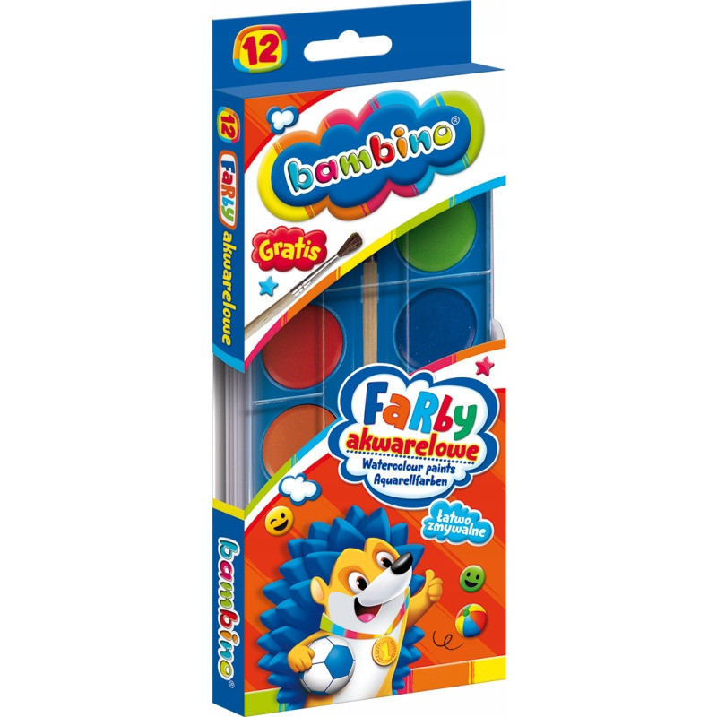 Farby akwarelowe szkolne Zestaw 12 kolorów + pędzelek BAMBINO St.Majewski
