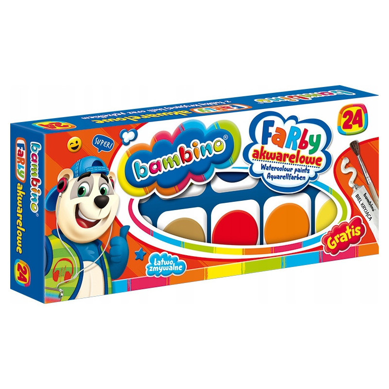 Farby akwarelowe szkolne Zestaw 24 kolory + pędzelek BAMBINO St.Majewski