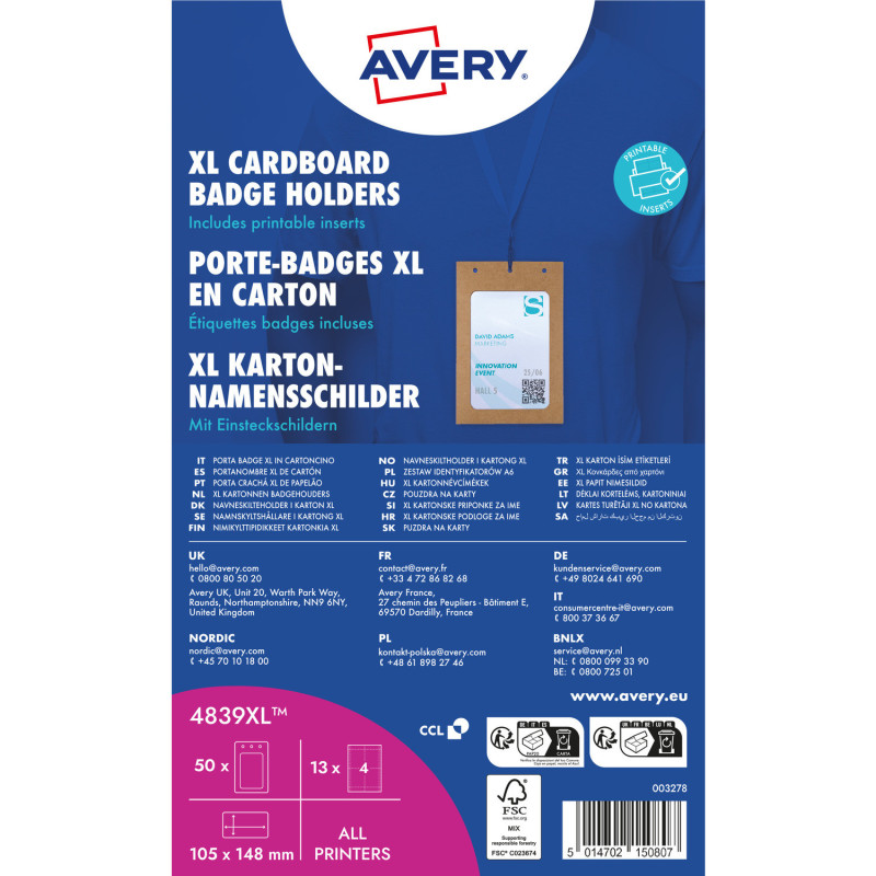 Holder na identyfikatory A6 tekturowe 105x148mm (50 sztuk+52 wkłady) 4839XL AVERY