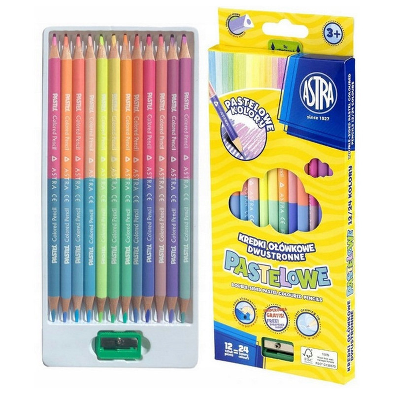 Kredki ołówkowe pastelowe dwustronne 12 kredek 24 kolory + temperówka 312120003 ASTRA