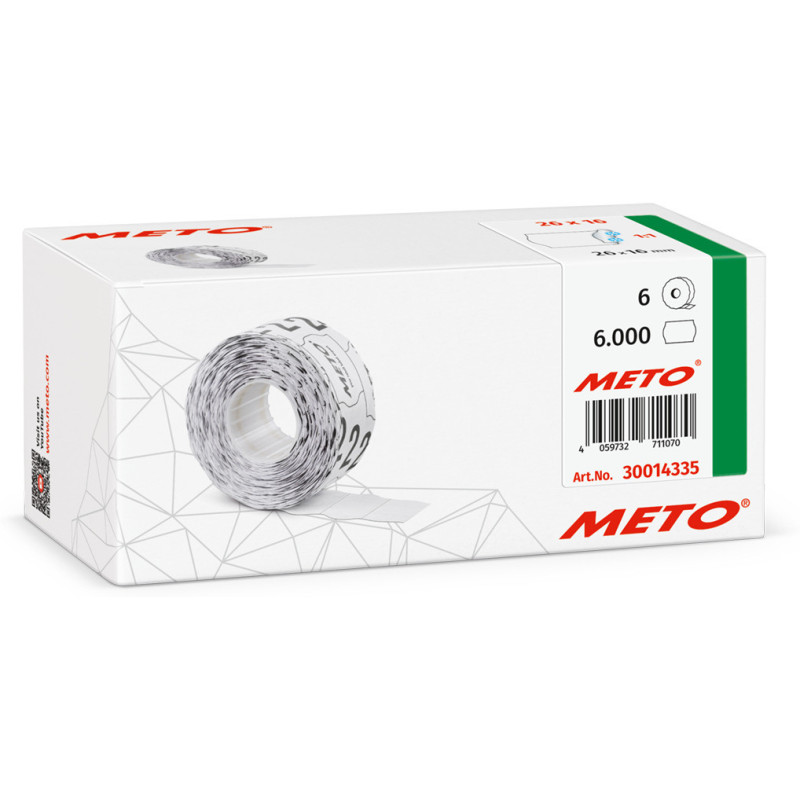 Etykiety cenowe w rolce do metkownicy dwurzędowej, 26x16 mm, (6 sztuk) białe faliste, trwały klej, odporne na mróz METO M300143