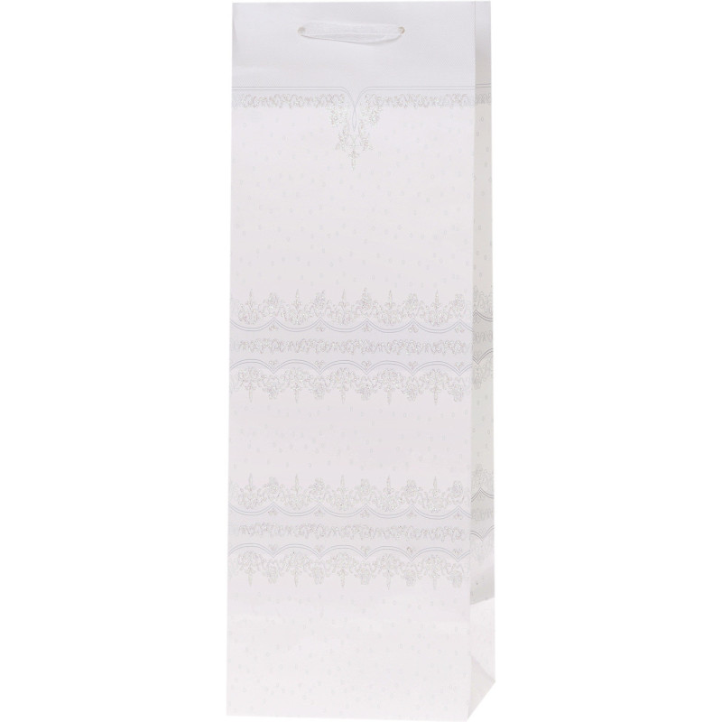 Torebka prezentowa 12x36x10cm na butelkę Lux Biała z brokatem BB ROZETTE