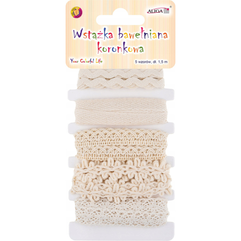 Wstążka bawełniana koronkowa 5 wzorów 1,5m WK-0925 ALIGA