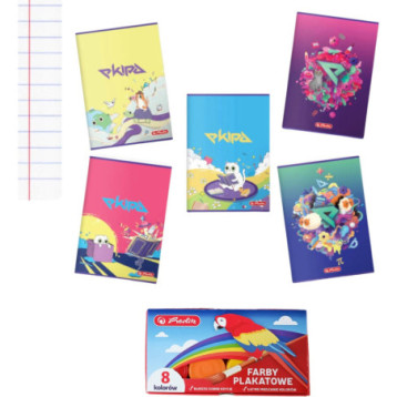 Zestaw Zeszyt A5 60k linia 70g EKIPA (5 sztuk) + Farby plakatowe 8 kolorów HERLITZ