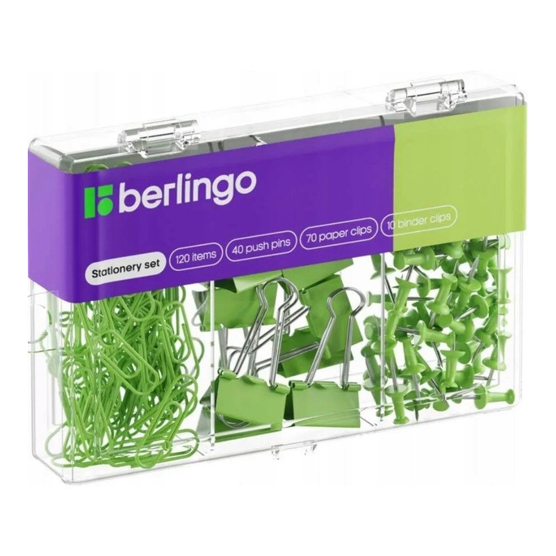 Zestaw 40 pinezek 70 spinaczy 10 klipów zielony 353630 BERLINGO