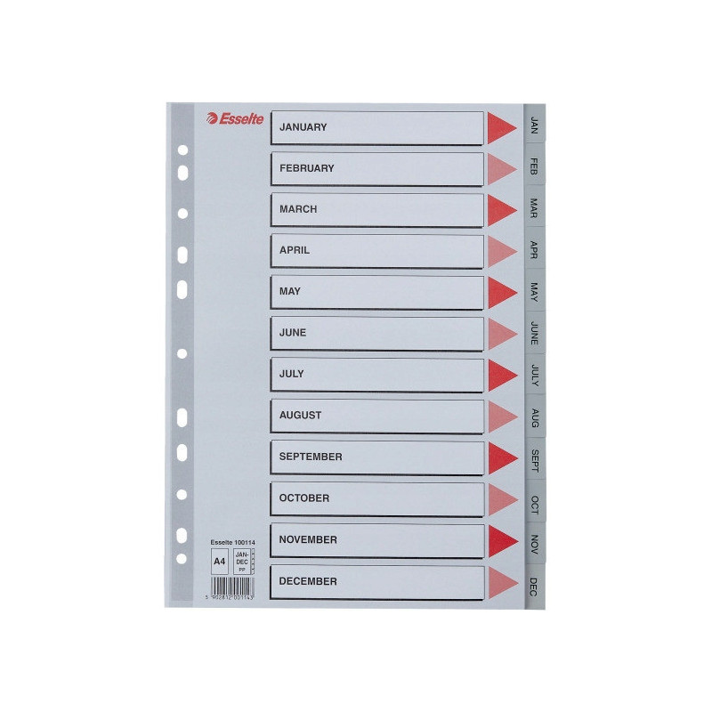 Przekładki plastikowe szare PP A4 12 miesięcy numeryczne 100114 ESSELTE