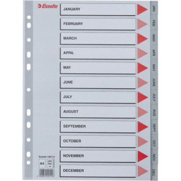Przekładki plastikowe szare PP A4 12 miesięcy numeryczne 100114 ESSELTE