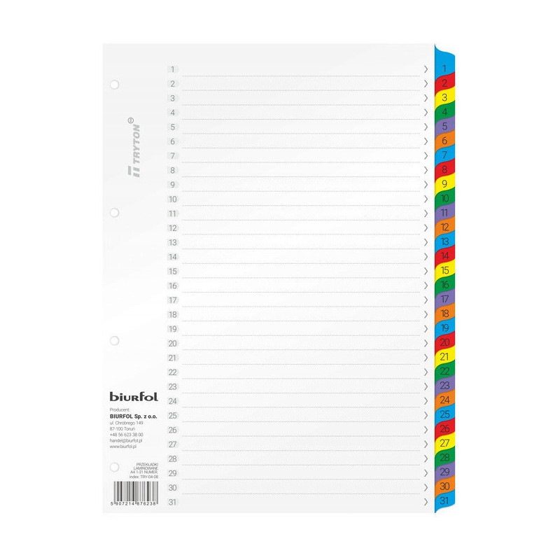 Przekładki numeryczne do segregatora A4 1-31 laminowane TRY-04-08 BIURFOL