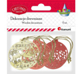 Drewniane zawieszki Bombki kolor z jutowym sznurkiem 3 wzory x 2szt. 413063 TITANUM