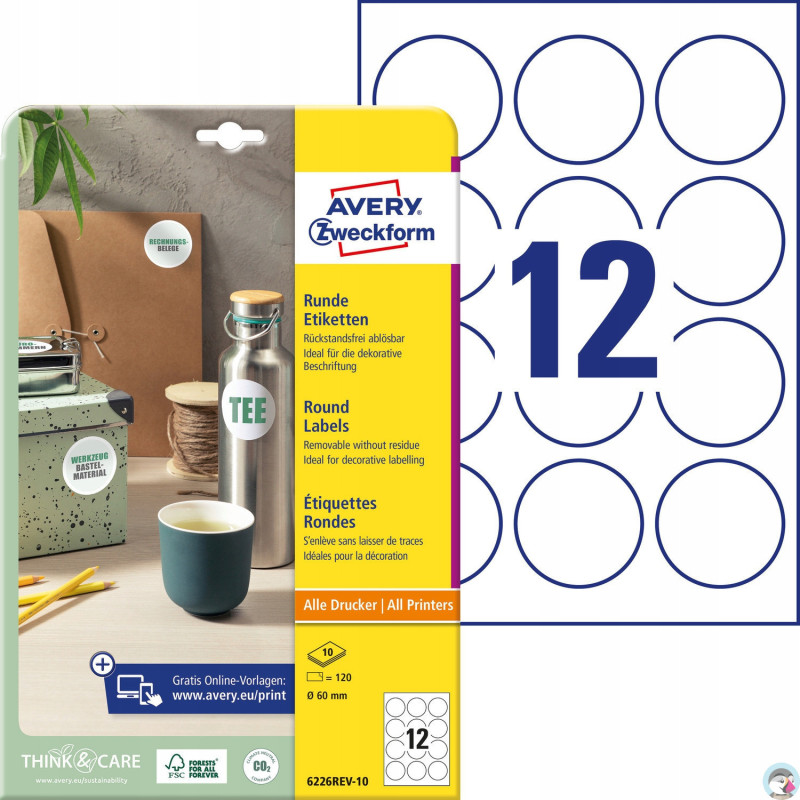 Etykiety okrągłe A4 10 ark. 60 mm białe usuwalne 6226REV-10 AVERY ZWECKFORM
