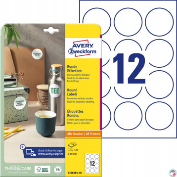 Etykiety okrągłe A4 10 ark. 60 mm białe usuwalne 6226REV-10 AVERY ZWECKFORM