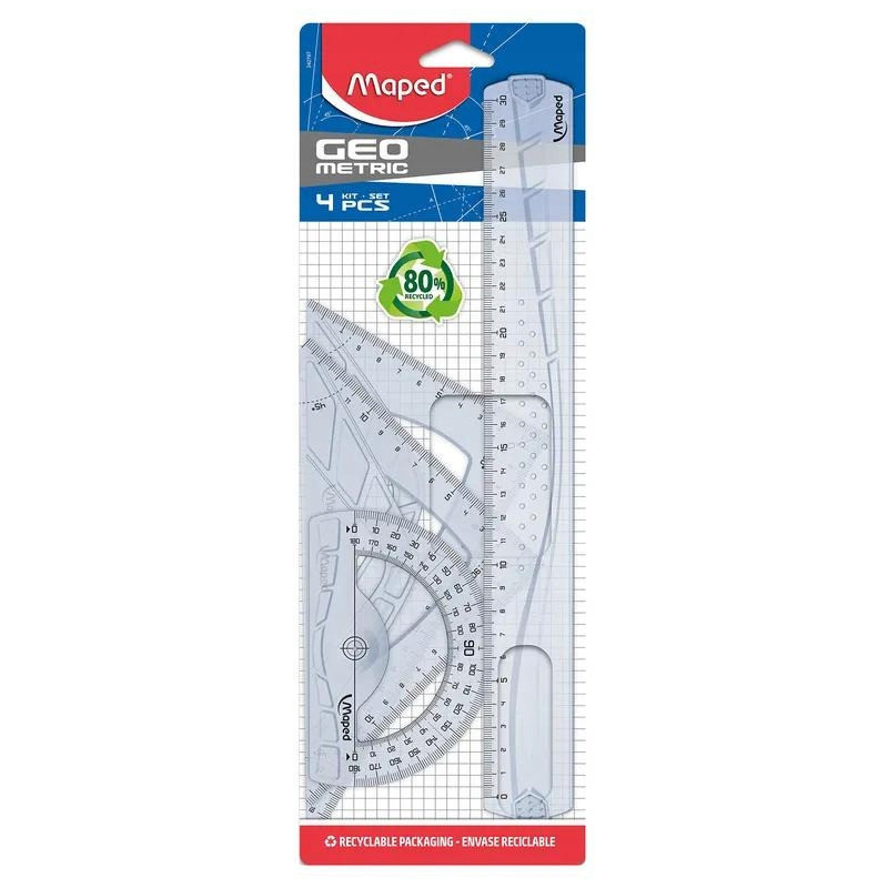 Komplet GEOMETRIC linijka 30cm+ekierka 45st +ekierka 60st +kątomierz 180st 242767 MAPED