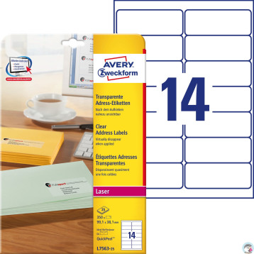 Etykiety 99,1x38,1 L7563-25 przezroczyste poliester (25arkuszy ) AVERY ZWECKFORM Etykiety 99,1x38,1 L7563-25 przezroczyste poliester (25arkuszy ) AVERY ZWECKFORM