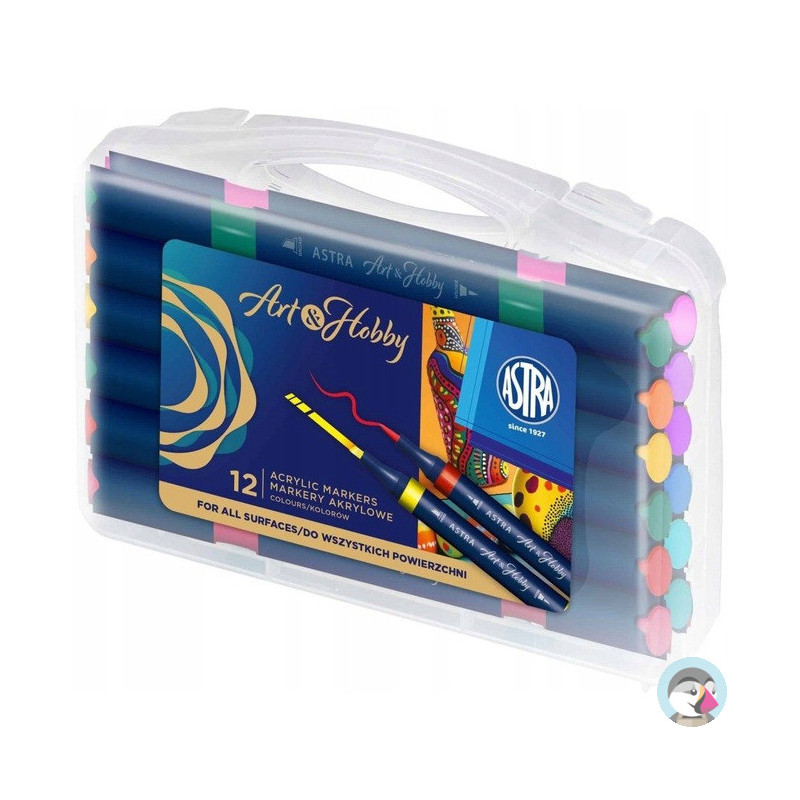 Markery akrylowe dwustronne trójkątne ASTRA Art&Hobby 12szt. walizka 207025002
