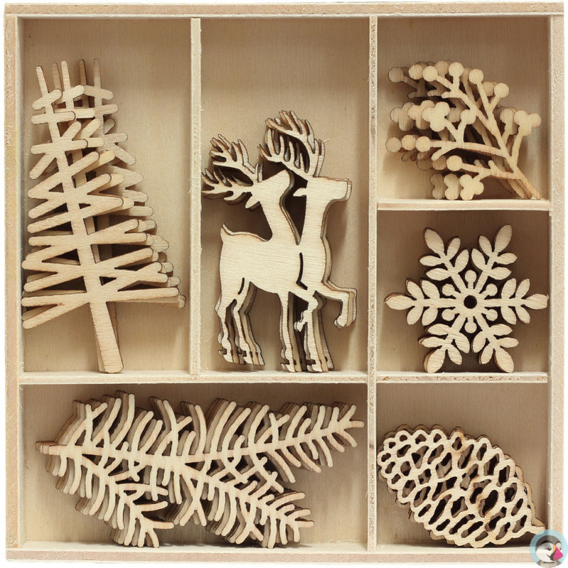 Ozdoby drewniane, CHOINKA i RENIFERY (30szt) 253044 Galeria Papieru