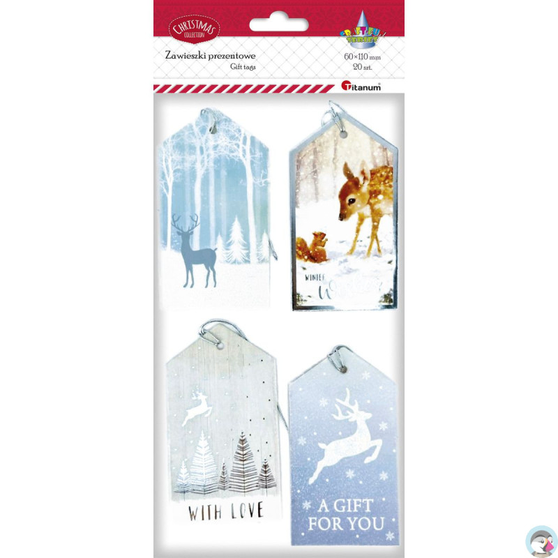 Zawieszki prezentowe Boże Narodzenie 20szt. 60x110mm tonacja srebrna 4 wzory 414524 TITANUM