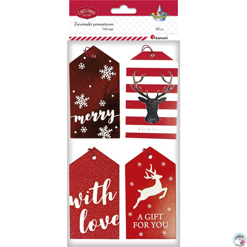 Zawieszki prezentowe Boże Narodzenie 20szt. 60X110mm tonacja czerwona 4 wzory 414526 TITANUM