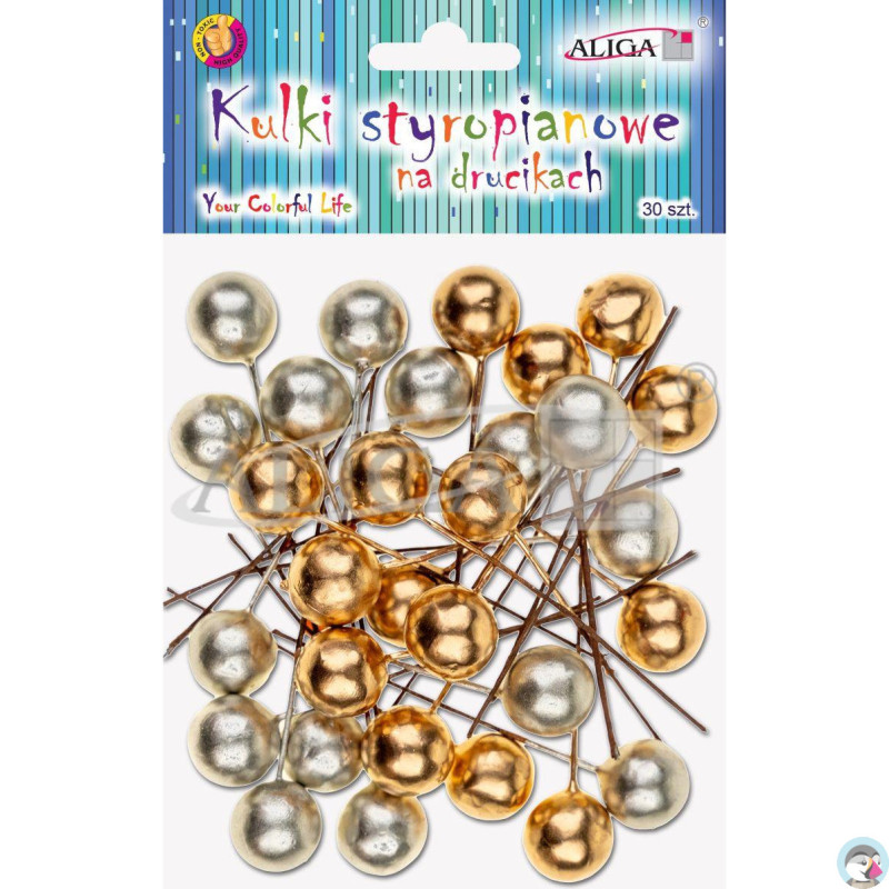 Kuleczki styropianowe na drucikach złote i srebrne roz. 1cm. dł. 7cm. op. 30szt. KSB-4658 ALIGA