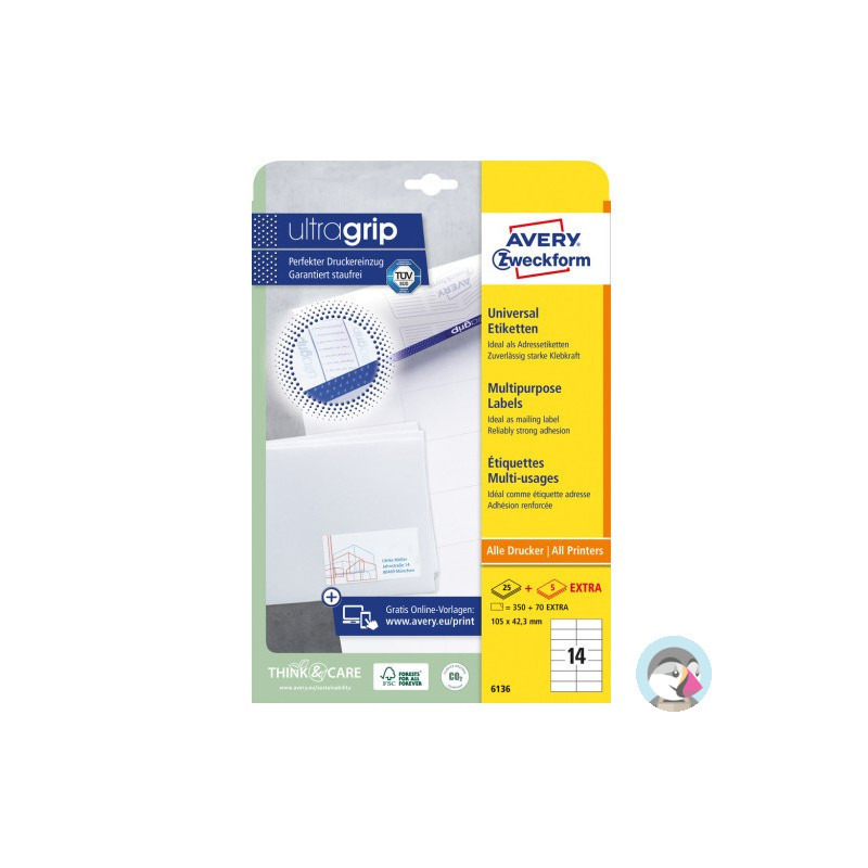 Etykiety białe ULTRAGRIP 105x42,3mm (25 arkuszy||350 etykiet) 6136 AVERY ZWECKFORM