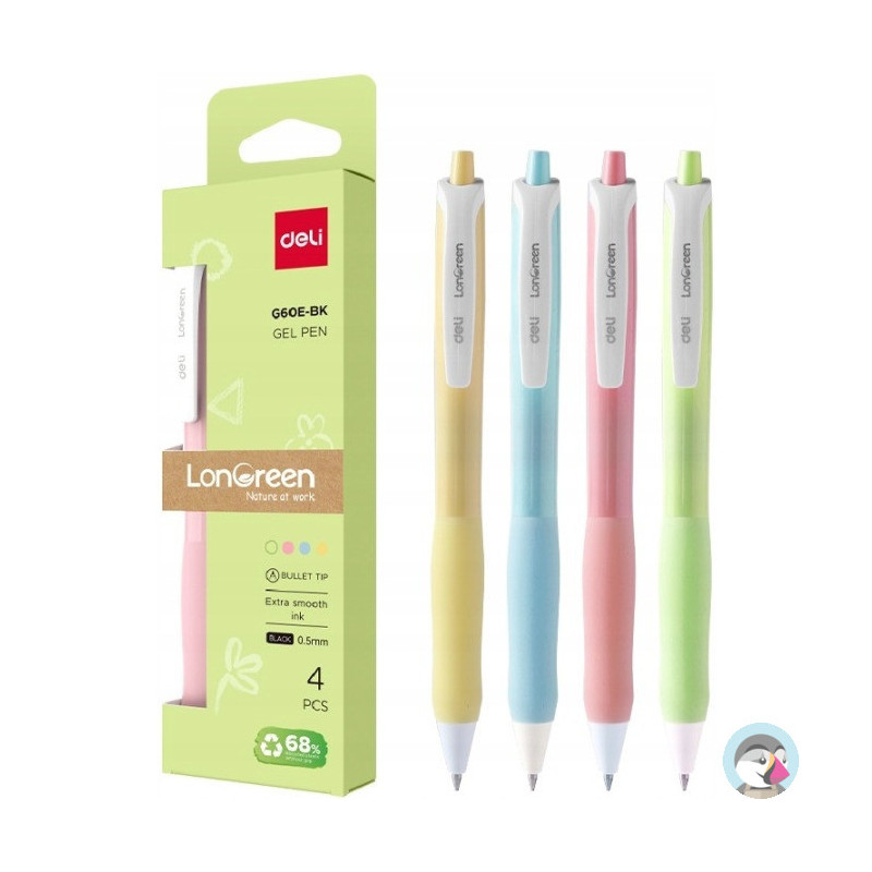 Długopis żelowy LonGreen , czarny wkład 4szt/op. mix kolorów EG60E-BK DELI